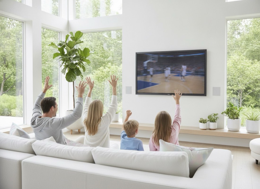A family cheering a basketball game in a bright living room